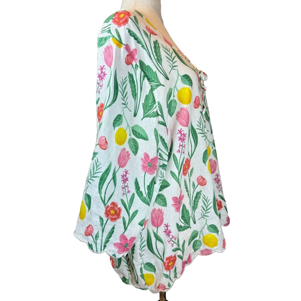 Rachel Zoe Linen Blend Lemon Floral Tunic Top 3X Tie Front Scallop Hem - Picture 6 of 12